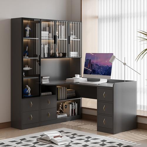 转角书桌书架一体轻奢实木电脑桌定制台式 卧室学习桌家用组合书柜