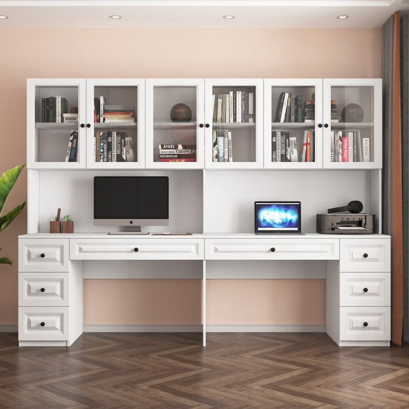 现代简约双人书桌书柜一体组合定制北欧家用学生写字台办公电脑桌 长