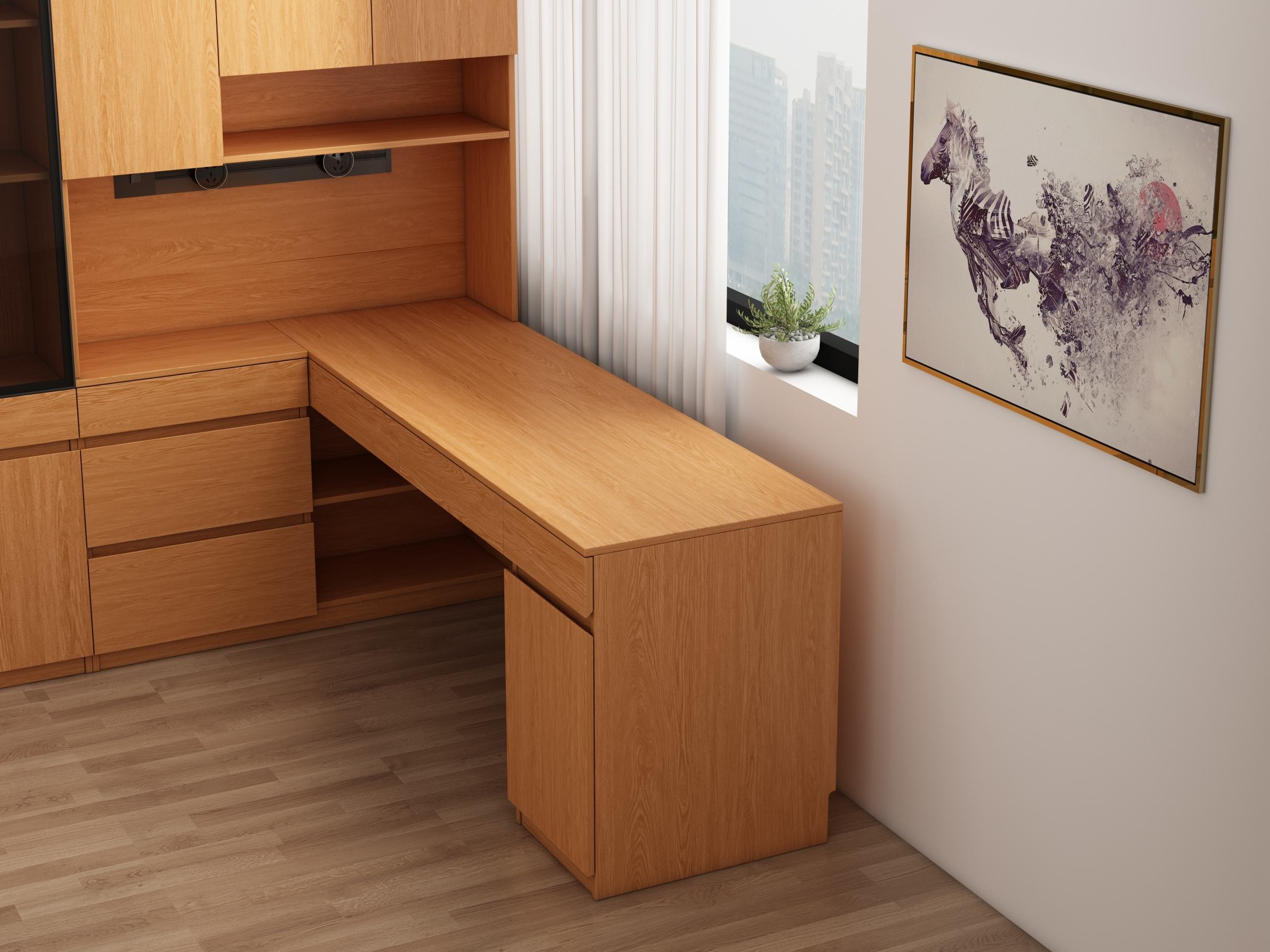 定制实木书桌书柜一体书架学习桌橡木色电脑桌靠墙转角儿童写字桌-淘